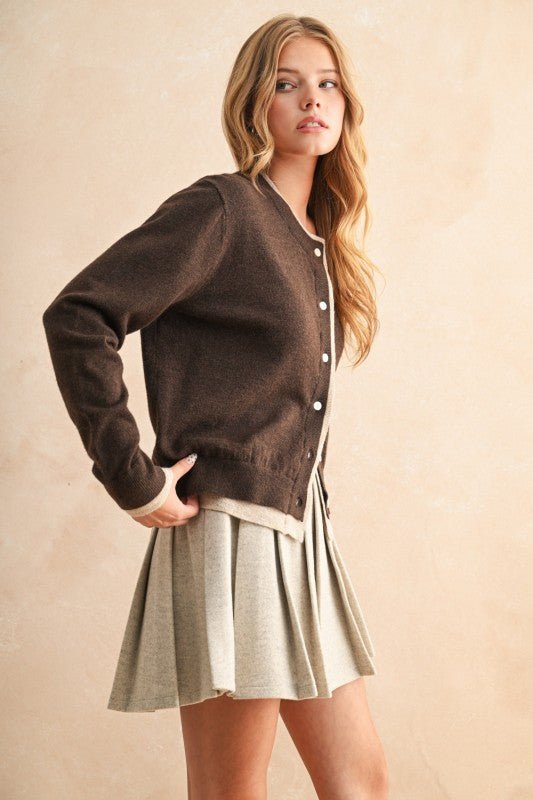 Color Contrast Button Front Cardigan - LaRella