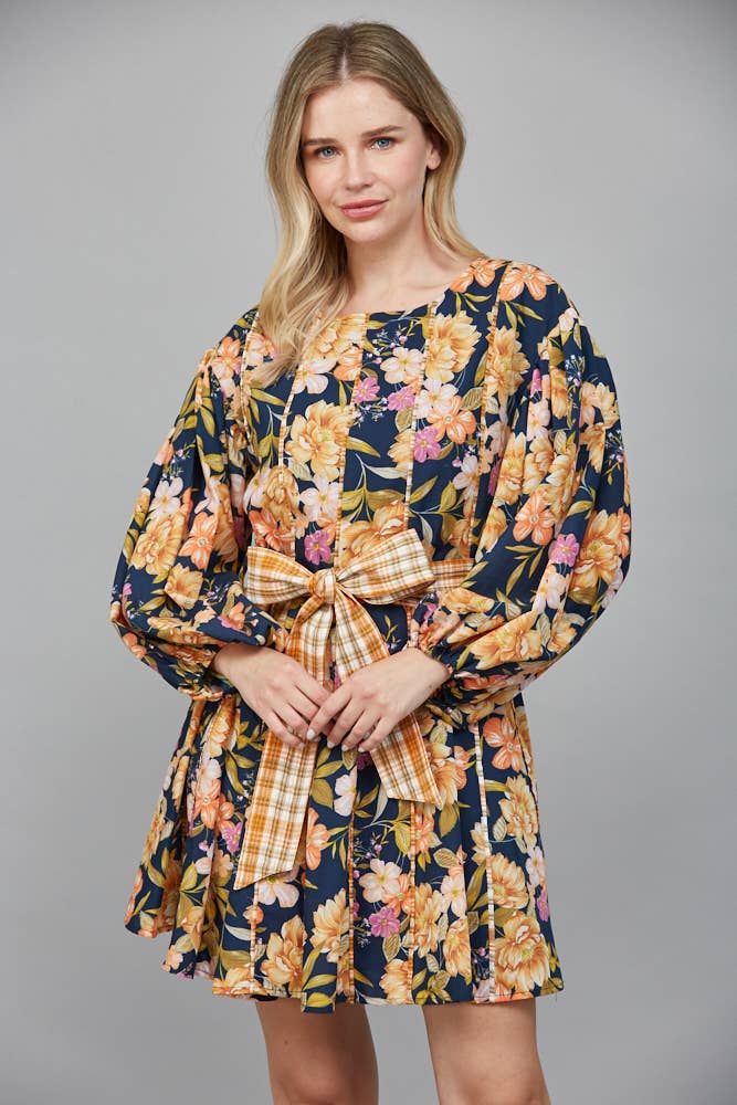 CONTRASTING PLAID DETAIL ROUND NECKLINE DRESS - LaRella