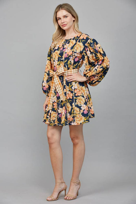 CONTRASTING PLAID DETAIL ROUND NECKLINE DRESS - LaRella