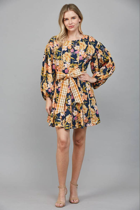 CONTRASTING PLAID DETAIL ROUND NECKLINE DRESS - LaRella