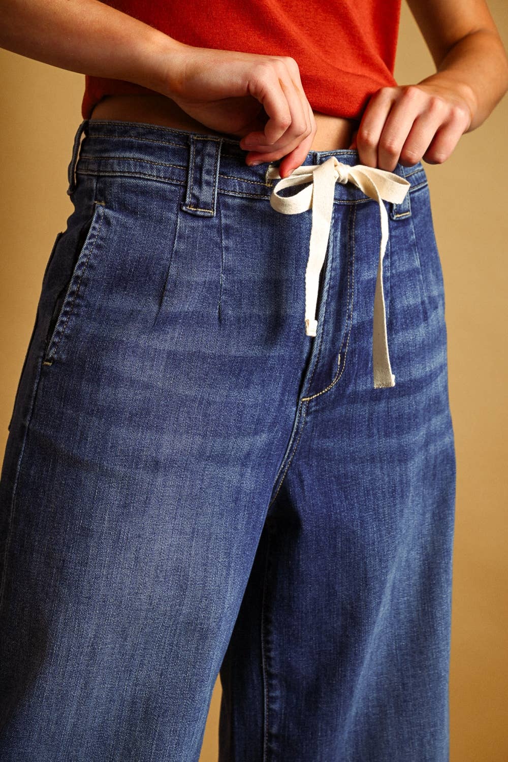 DARK WASHED TIED IN FRONT DENIM PANTS - La Rella