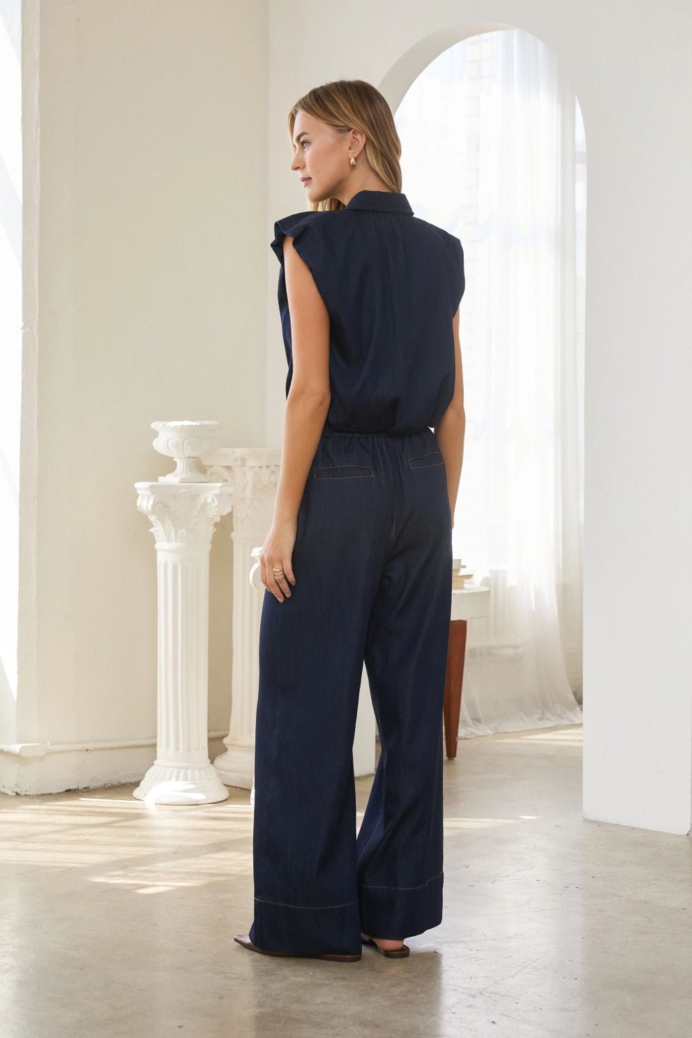 Deep Indigo Cap-Sleeve Button-Front Top - La Rella