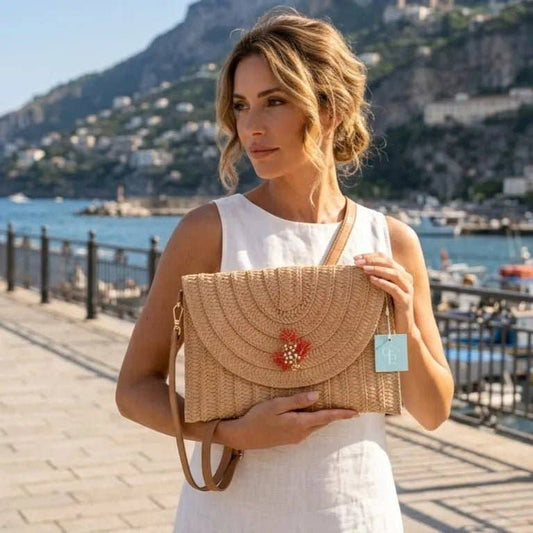 OE! - Playa Coral straw clutch with removable brooch