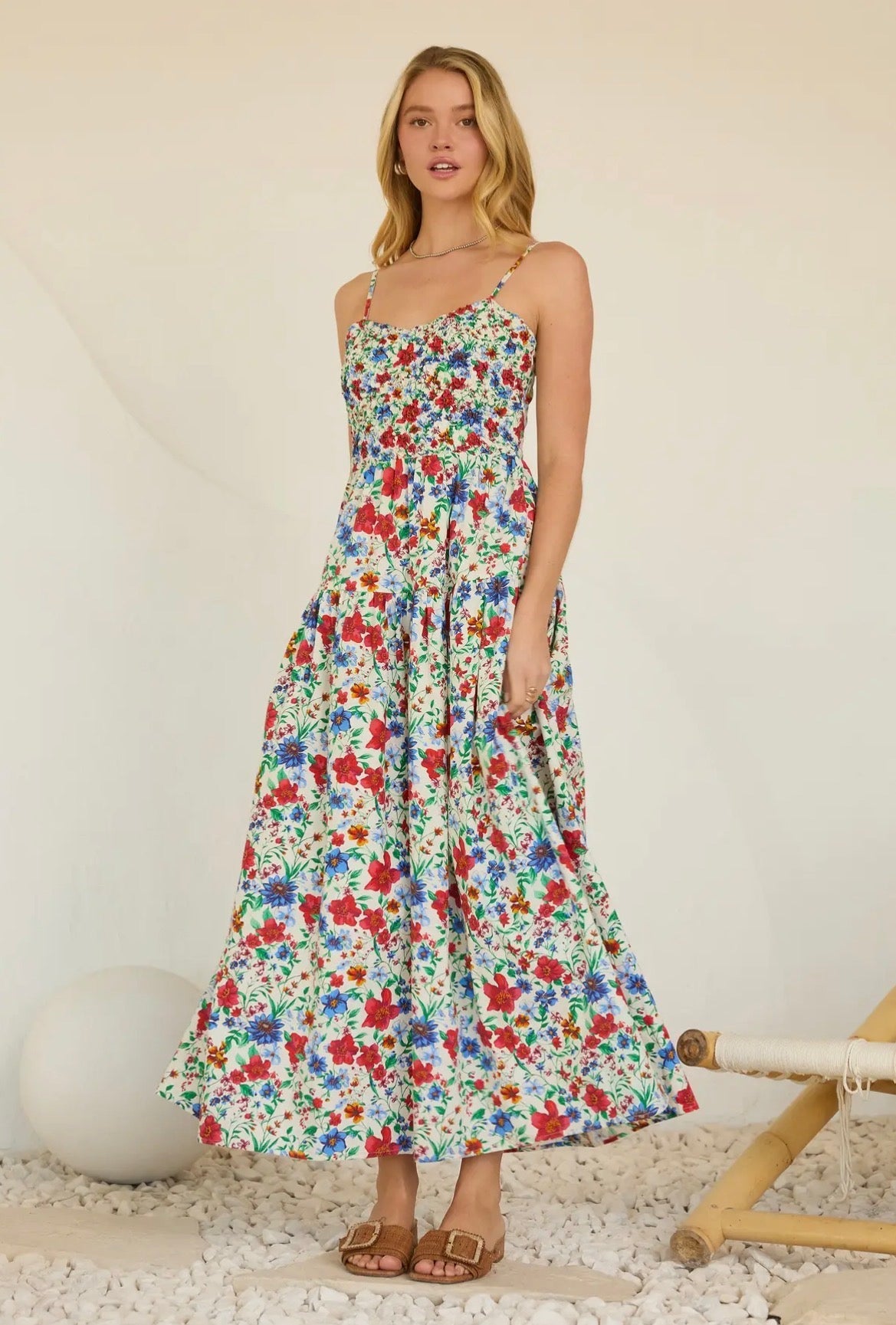 Floral Smocked Midi Dress – Lightweight Summer Maxi Dress for Women - La Rella