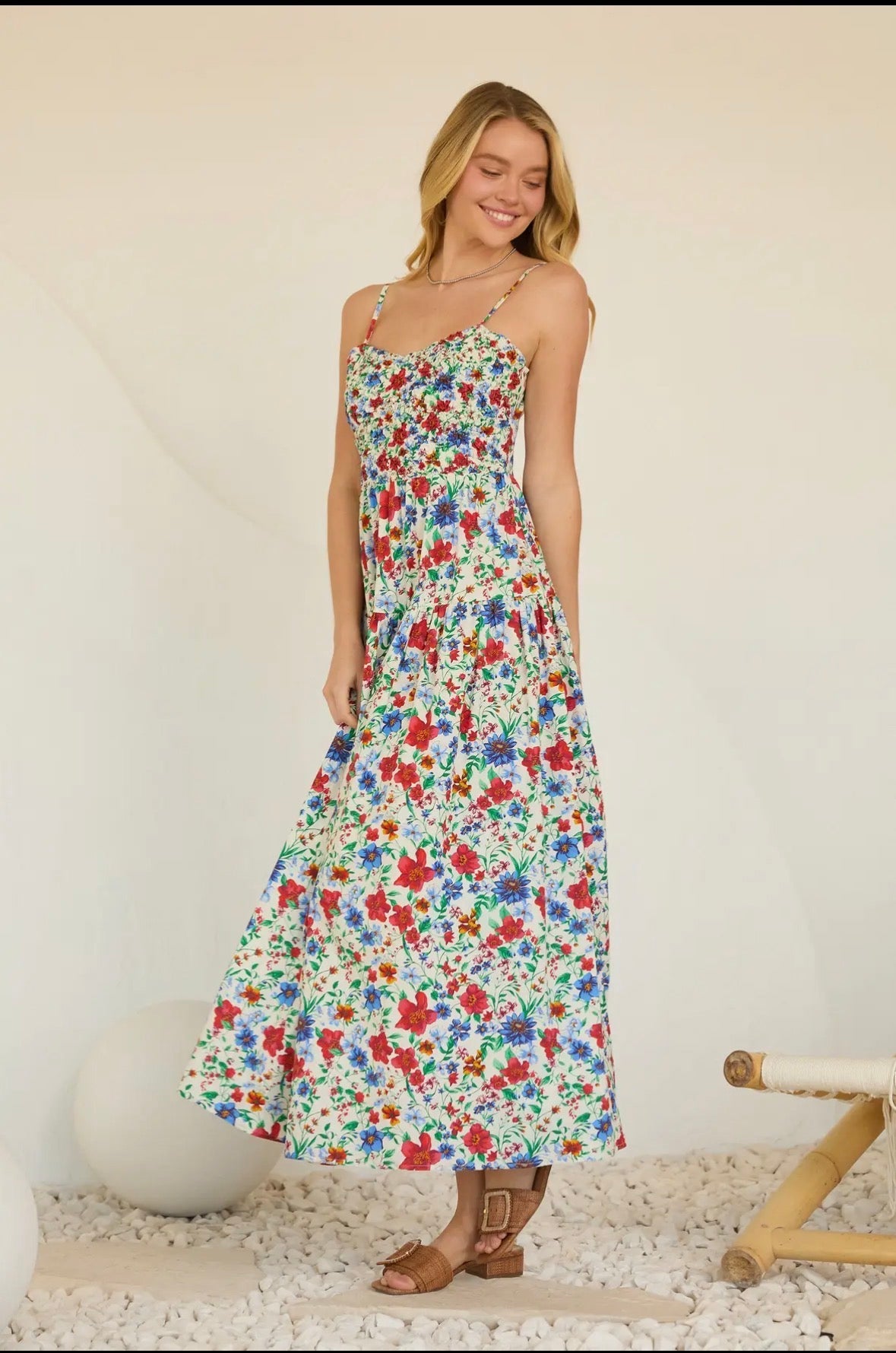 Floral Smocked Midi Dress – Lightweight Summer Maxi Dress for Women - La Rella