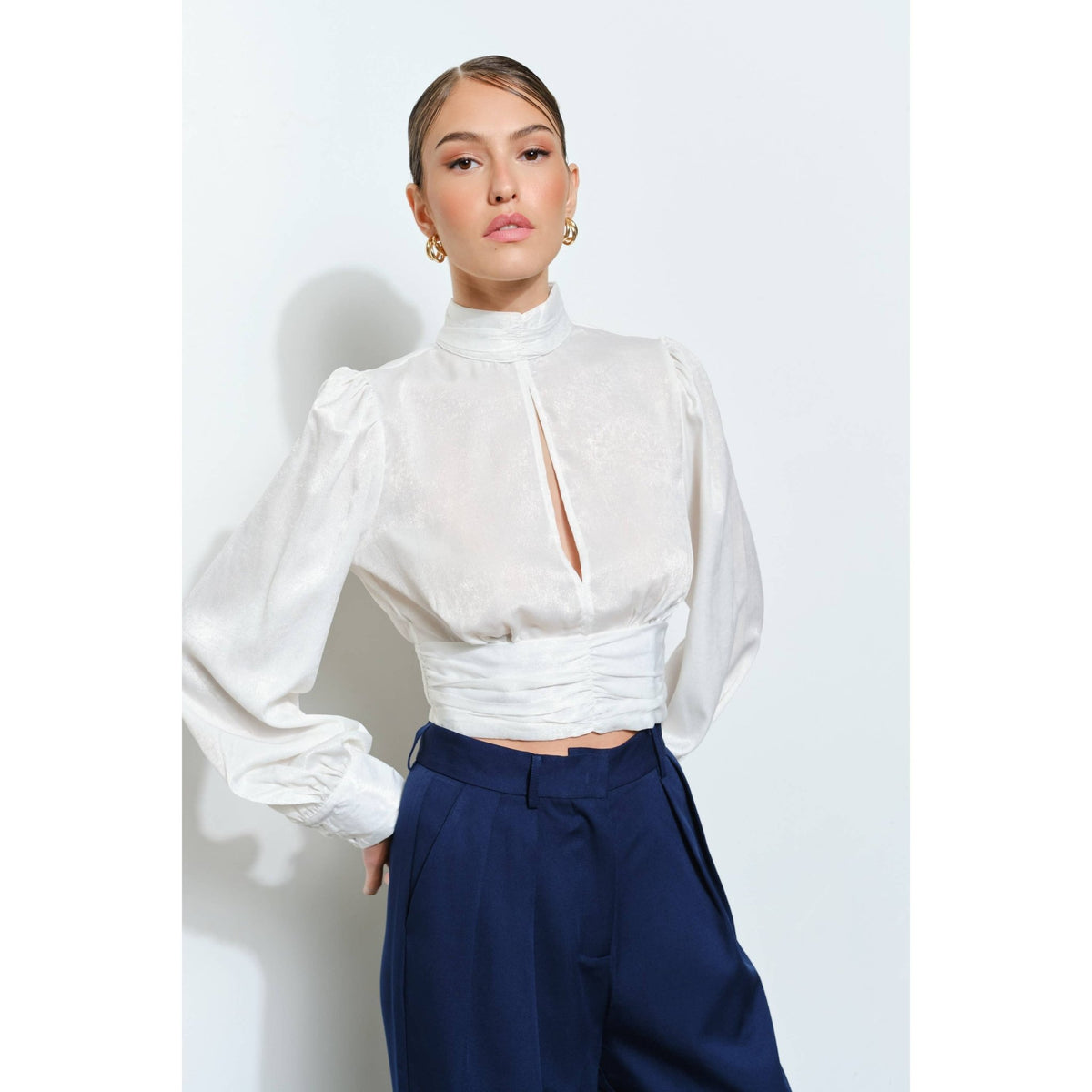 INA - High Neck Satin Blouse with Open Back Tie - La Rella
