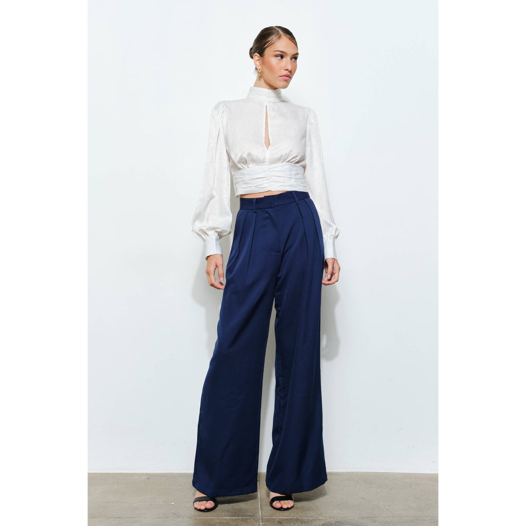 INA - High Neck Satin Blouse with Open Back Tie - La Rella
