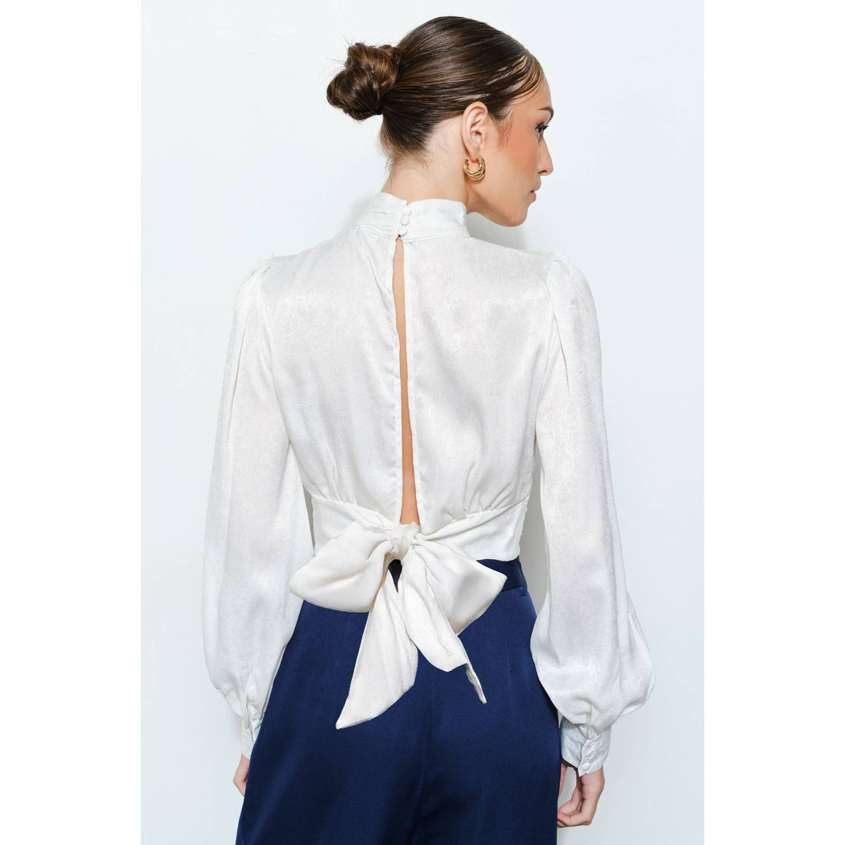 INA - High Neck Satin Blouse with Open Back Tie - La Rella