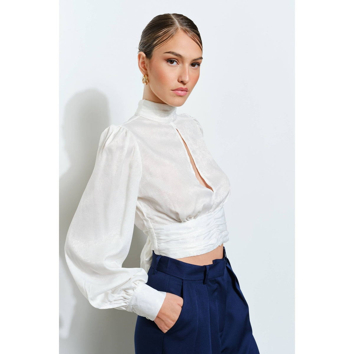 INA - High Neck Satin Blouse with Open Back Tie - La Rella