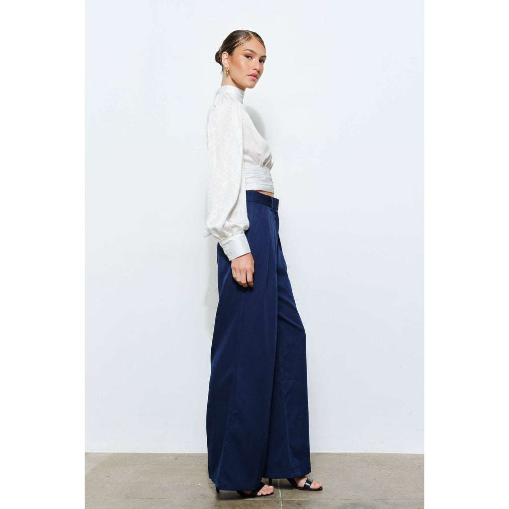 INA - High Neck Satin Blouse with Open Back Tie - La Rella