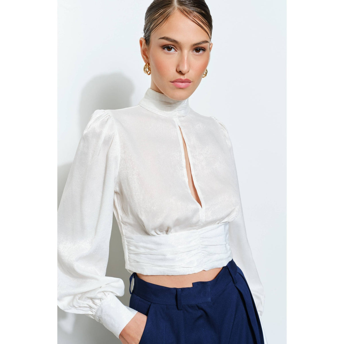 INA - High Neck Satin Blouse with Open Back Tie - La Rella