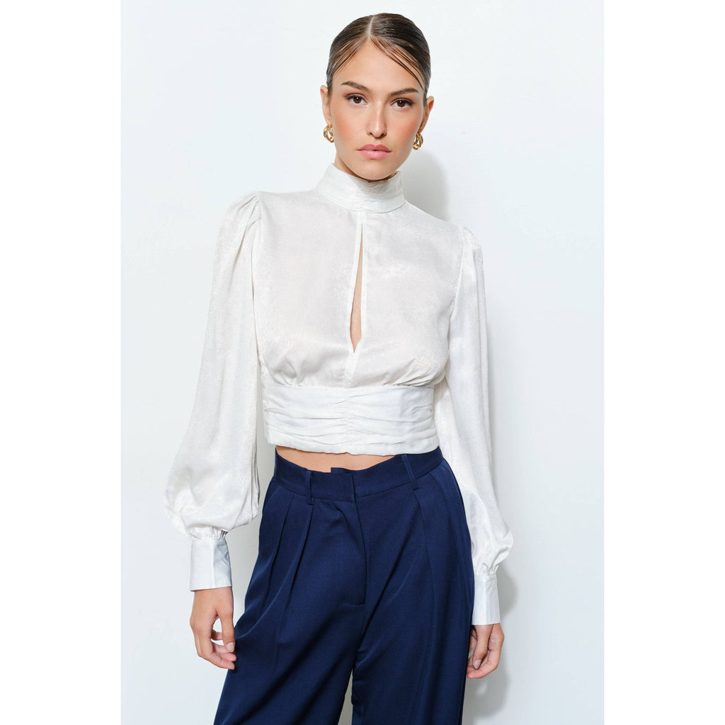 INA - High Neck Satin Blouse with Open Back Tie - La Rella