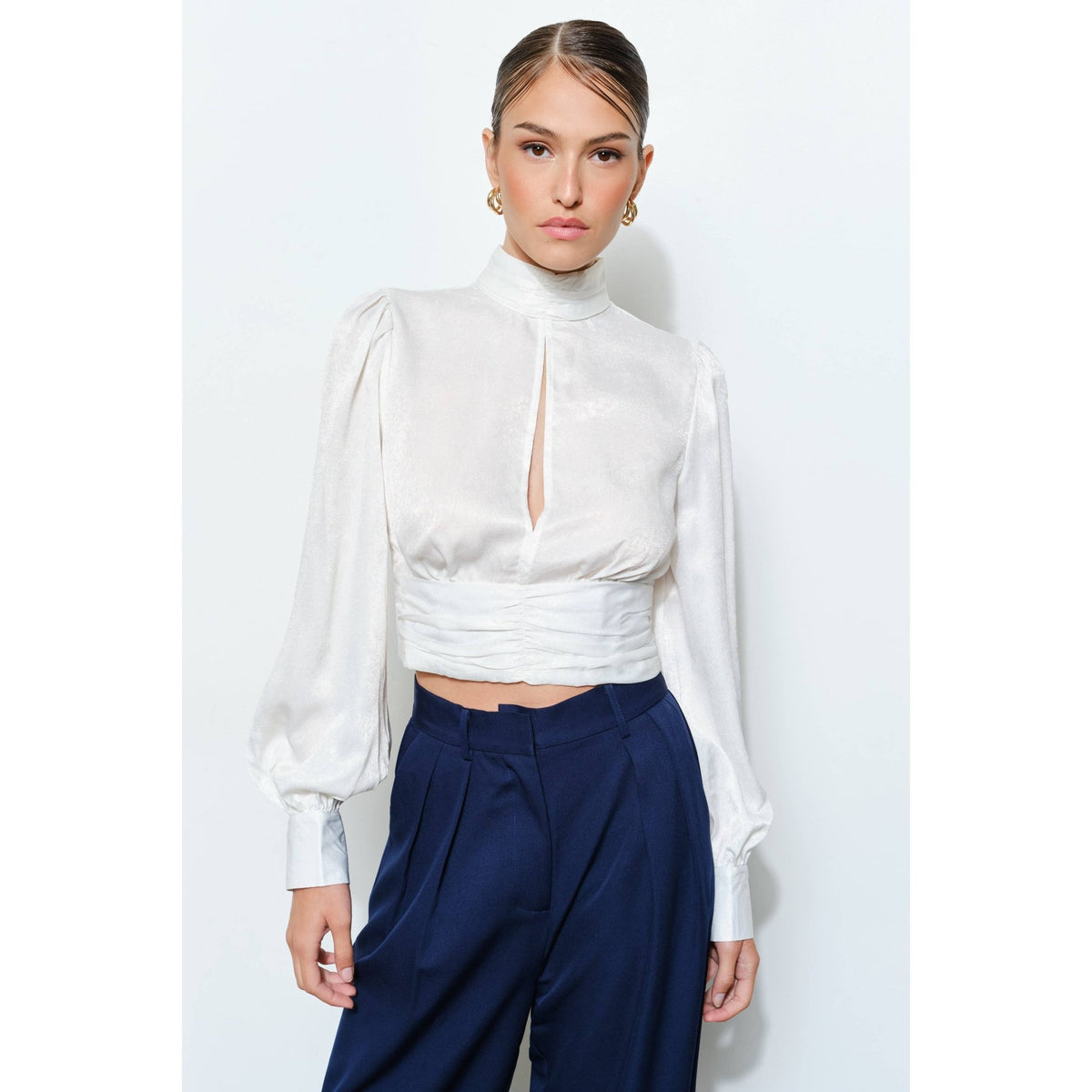 INA - High Neck Satin Blouse with Open Back Tie - La Rella
