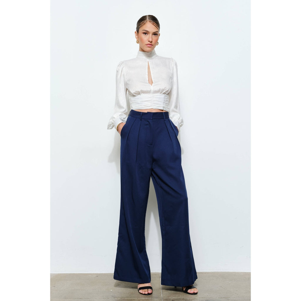 INA - High Neck Satin Blouse with Open Back Tie - La Rella
