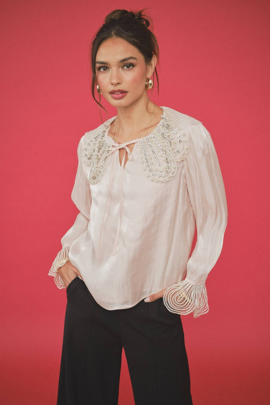 INA - Pearl-Embellished Statement Collar Blouse - La Rella