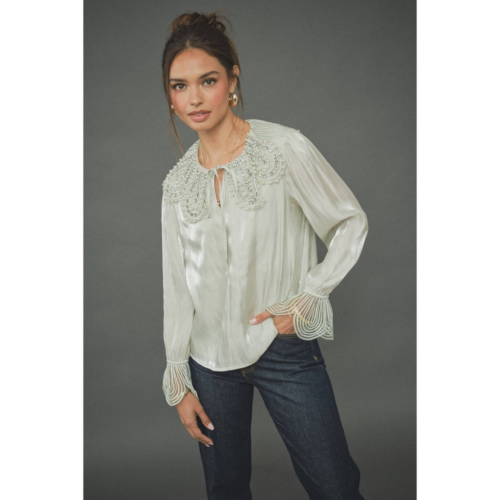 INA - Pearl-Embellished Statement Collar Blouse - La Rella