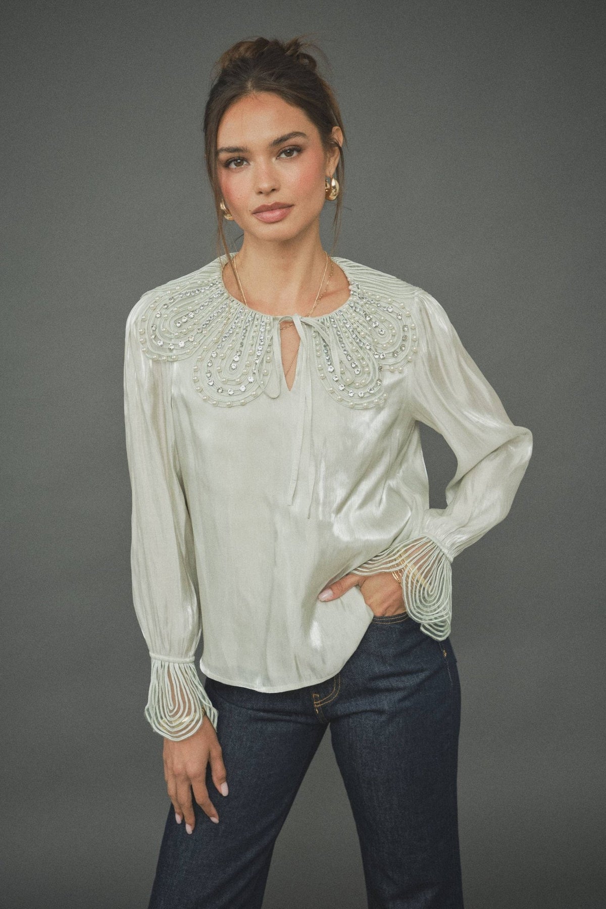 INA - Pearl-Embellished Statement Collar Blouse - La Rella