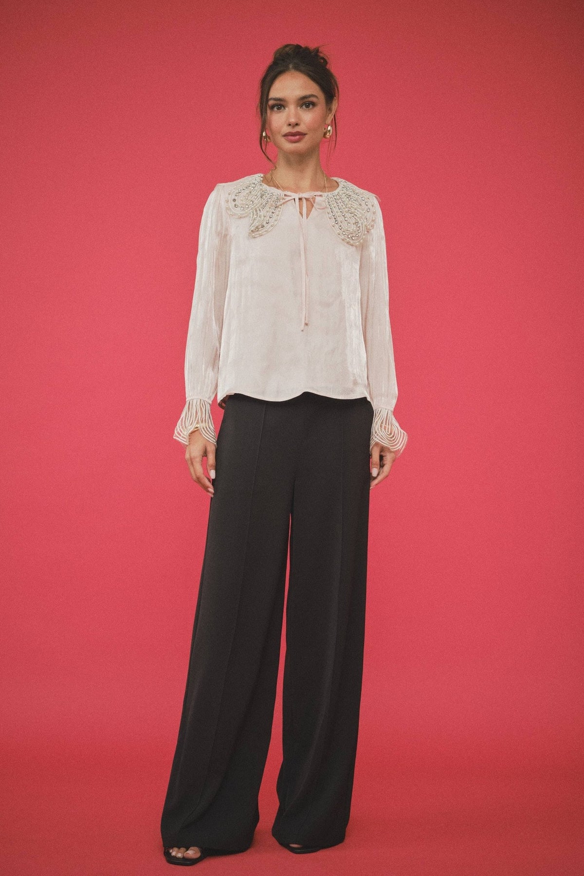INA - Pearl-Embellished Statement Collar Blouse - La Rella