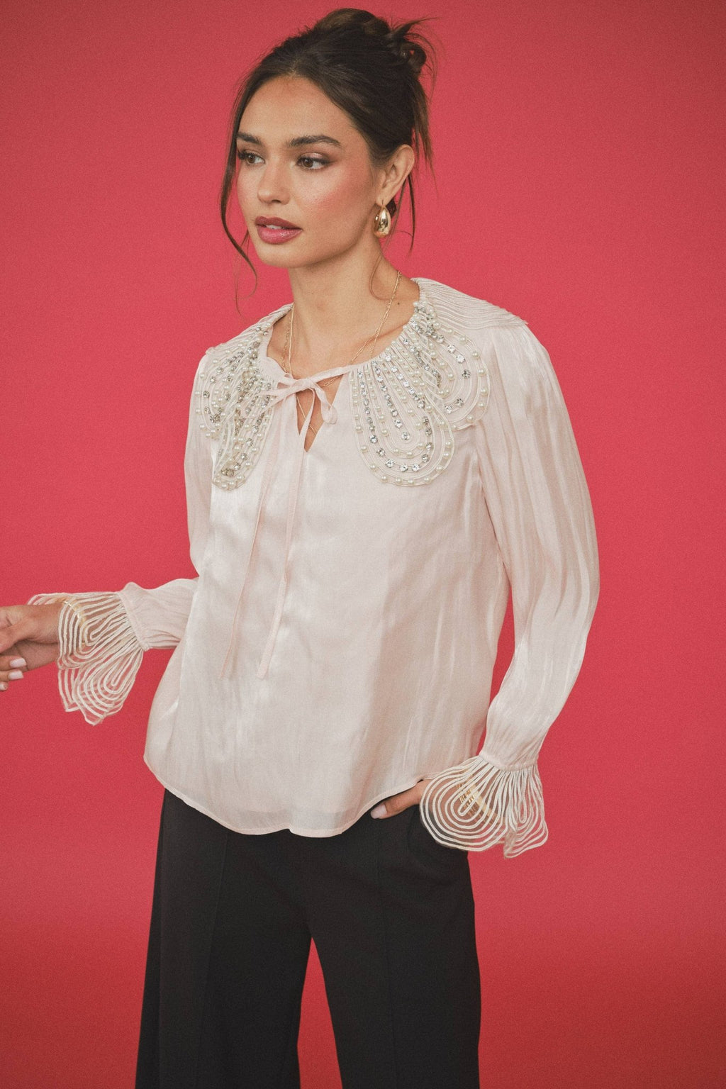 INA - Pearl-Embellished Statement Collar Blouse - La Rella