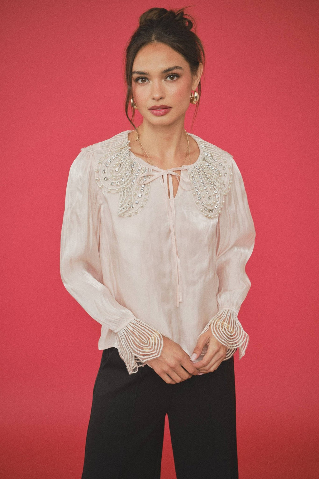 INA - Pearl-Embellished Statement Collar Blouse - La Rella