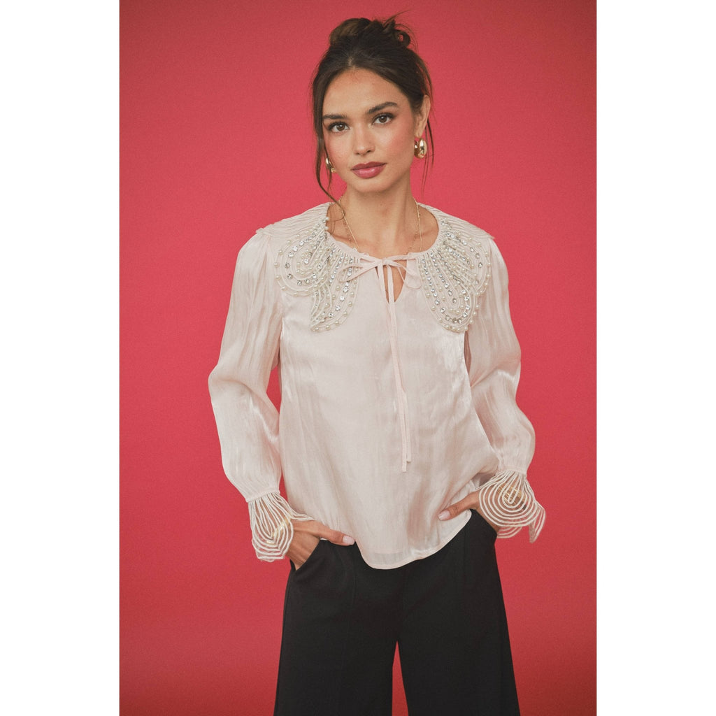 INA - Pearl-Embellished Statement Collar Blouse - La Rella