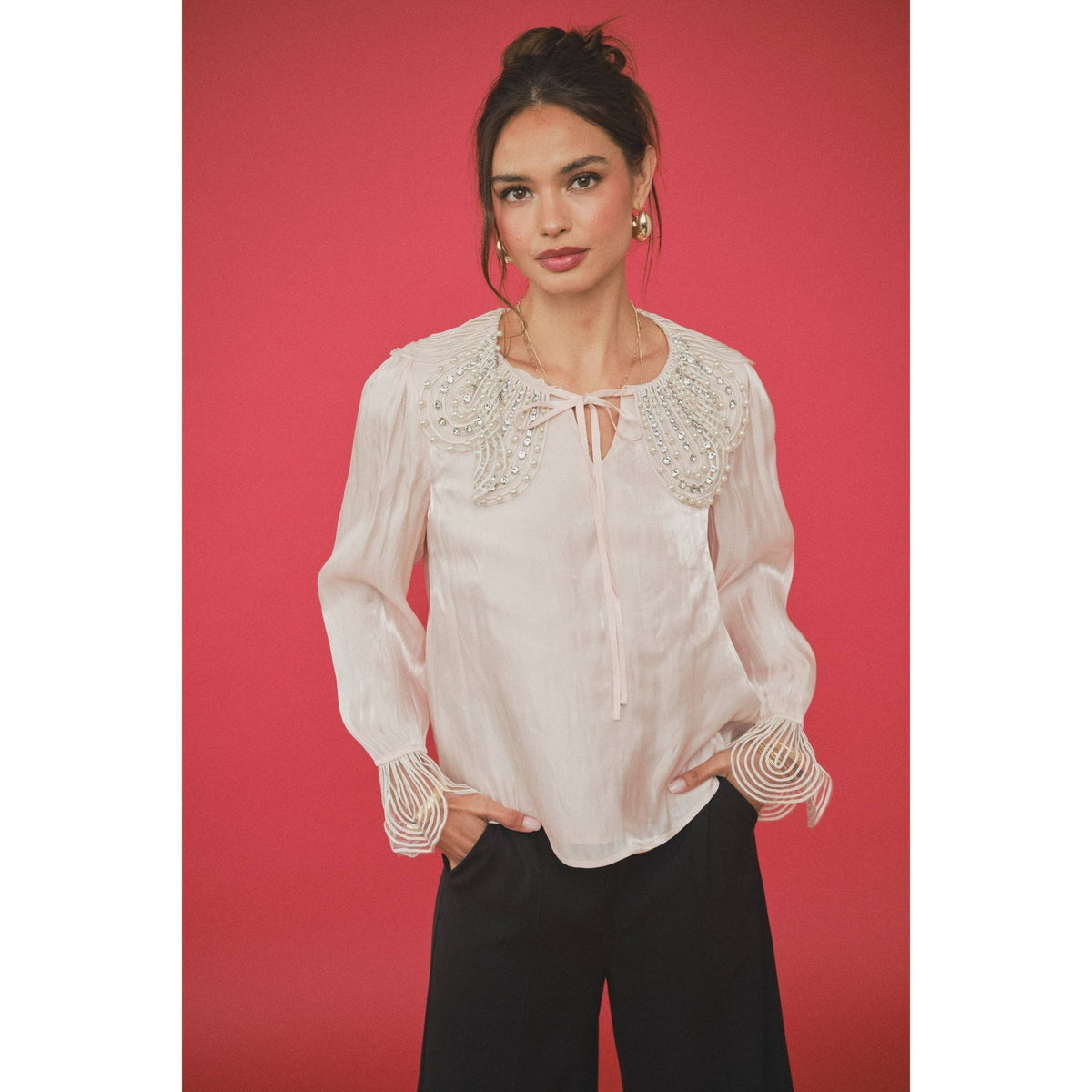 INA - Pearl-Embellished Statement Collar Blouse - La Rella