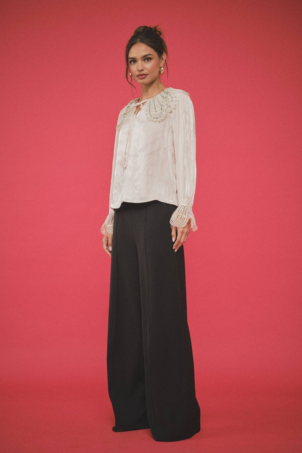 INA - Pearl-Embellished Statement Collar Blouse - La Rella