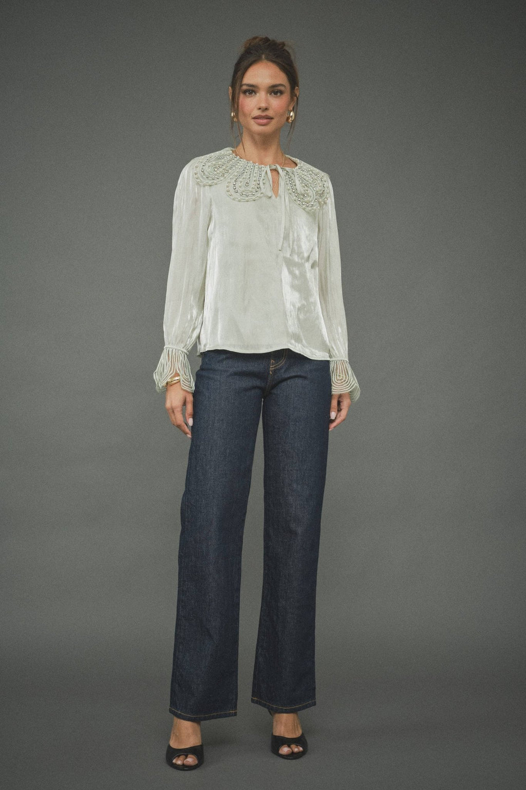 INA - Pearl-Embellished Statement Collar Blouse - La Rella