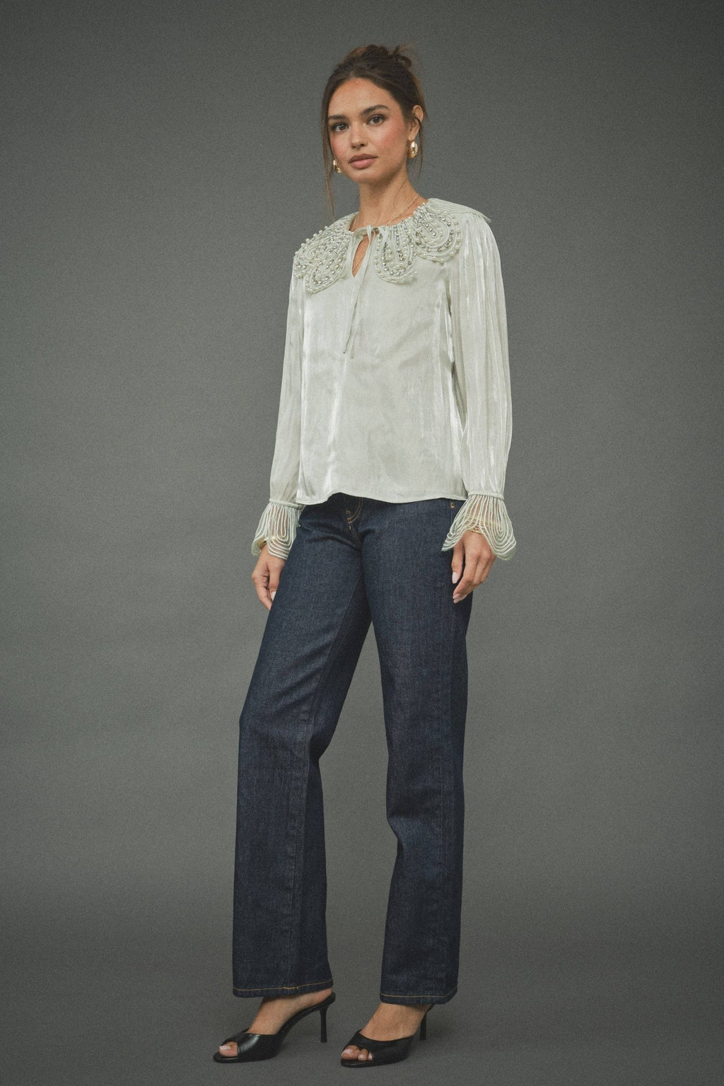 INA - Pearl-Embellished Statement Collar Blouse - La Rella