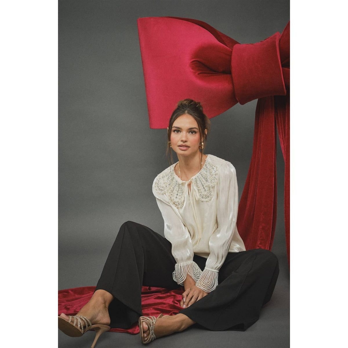 INA - Pearl-Embellished Statement Collar Blouse - La Rella