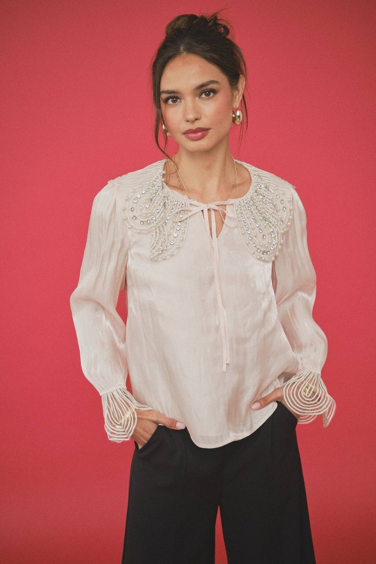 INA - Pearl-Embellished Statement Collar Blouse - La Rella