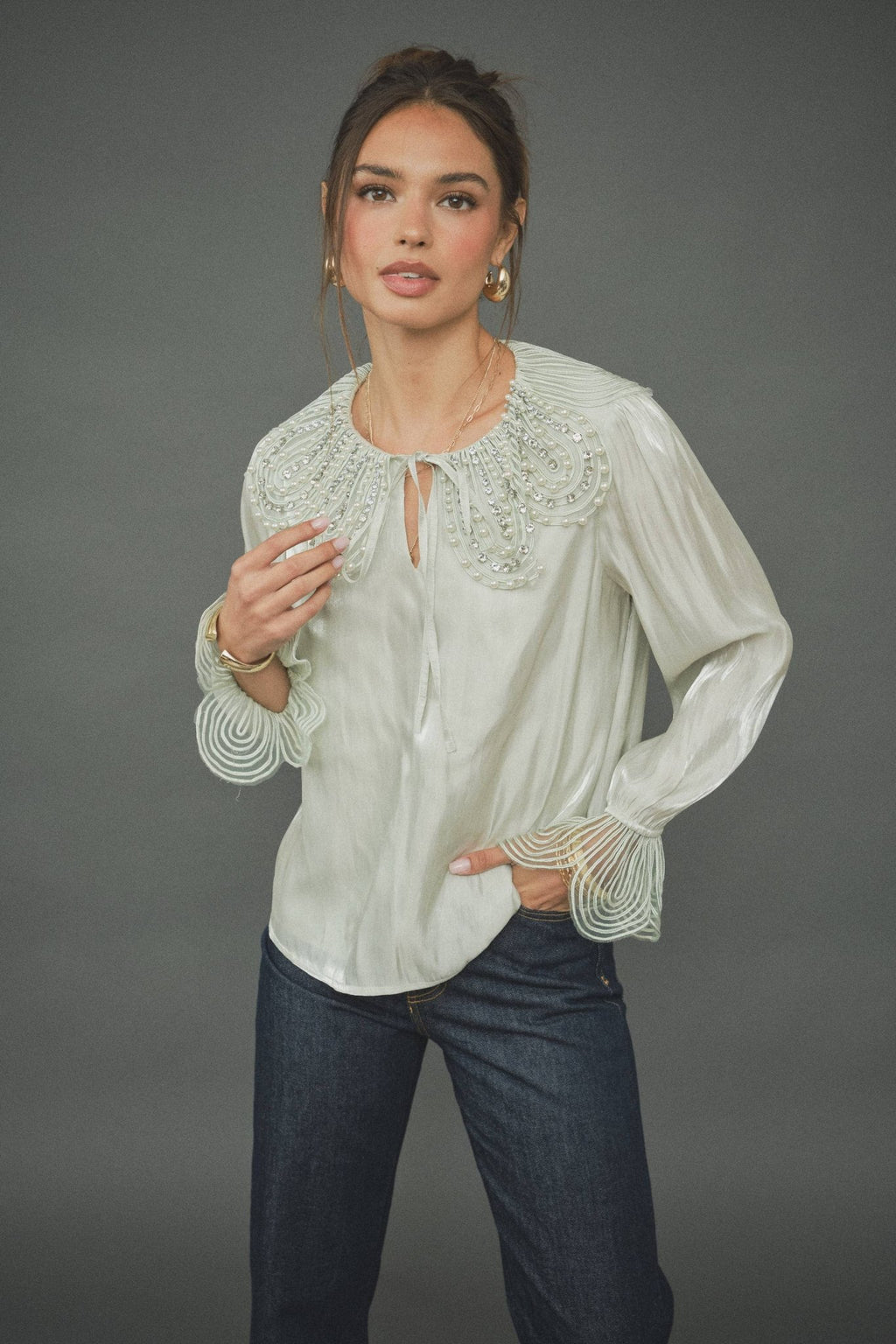 INA - Pearl-Embellished Statement Collar Blouse - La Rella