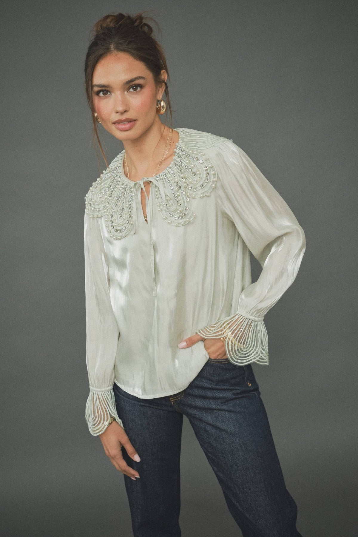INA - Pearl-Embellished Statement Collar Blouse - La Rella