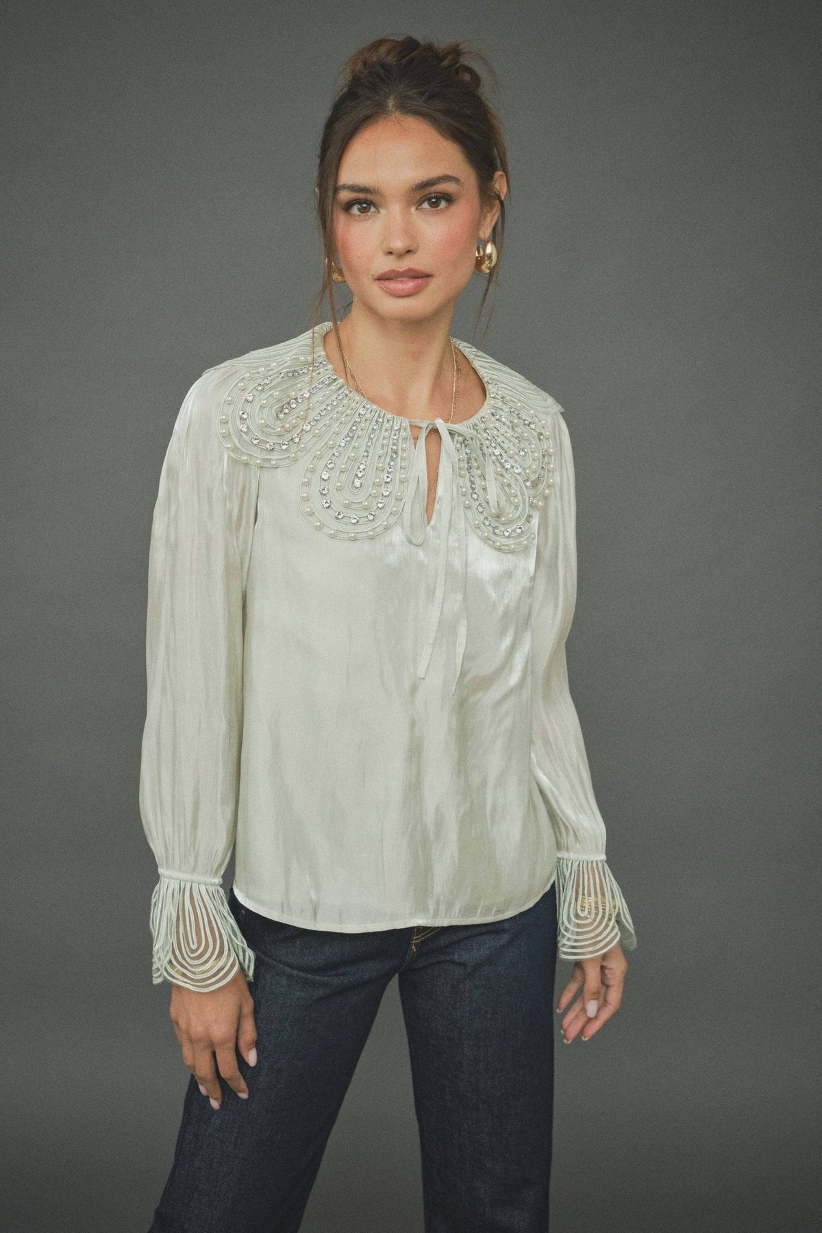 INA - Pearl-Embellished Statement Collar Blouse - La Rella