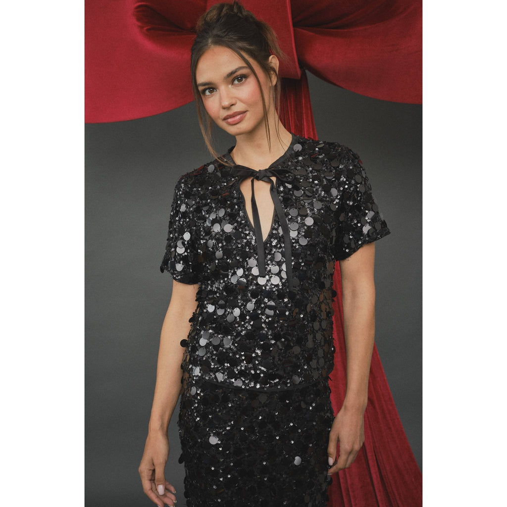 INA - Sequin Keyhole Bowtie Blouse - La Rella