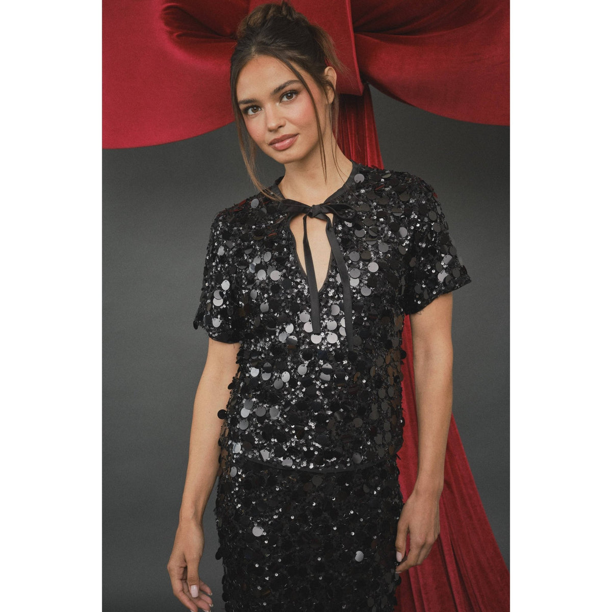 INA - Sequin Keyhole Bowtie Blouse - La Rella
