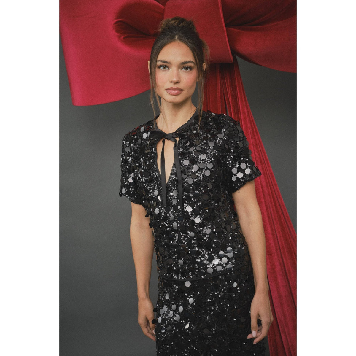 INA - Sequin Keyhole Bowtie Blouse - La Rella