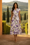 Italian Floral Cotton Midi Dress – Tie Waist & V‑Neck - La Rella