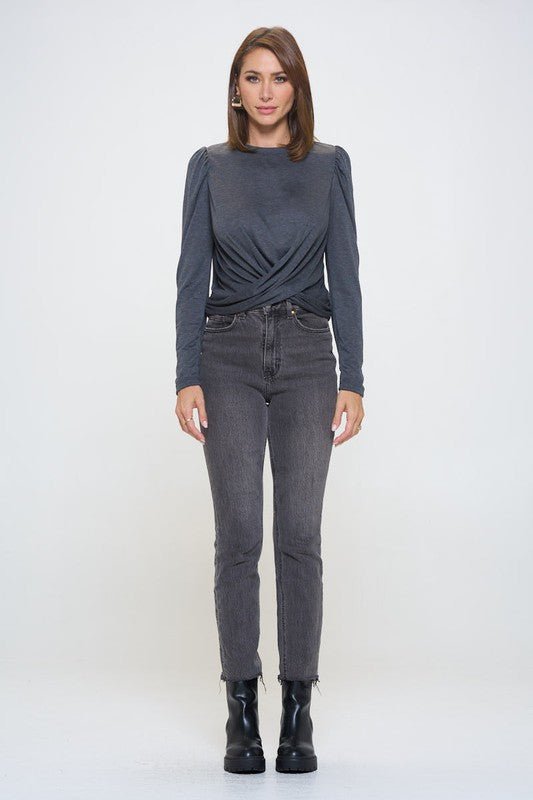 Knit Top with Puff Long Sleeve and Front Twist - LaRella
