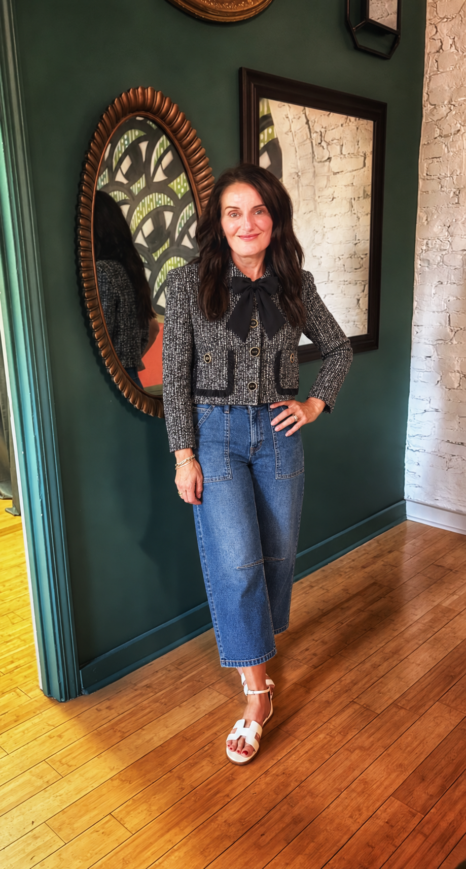 Lina wearing a tweed jacket at La Rella