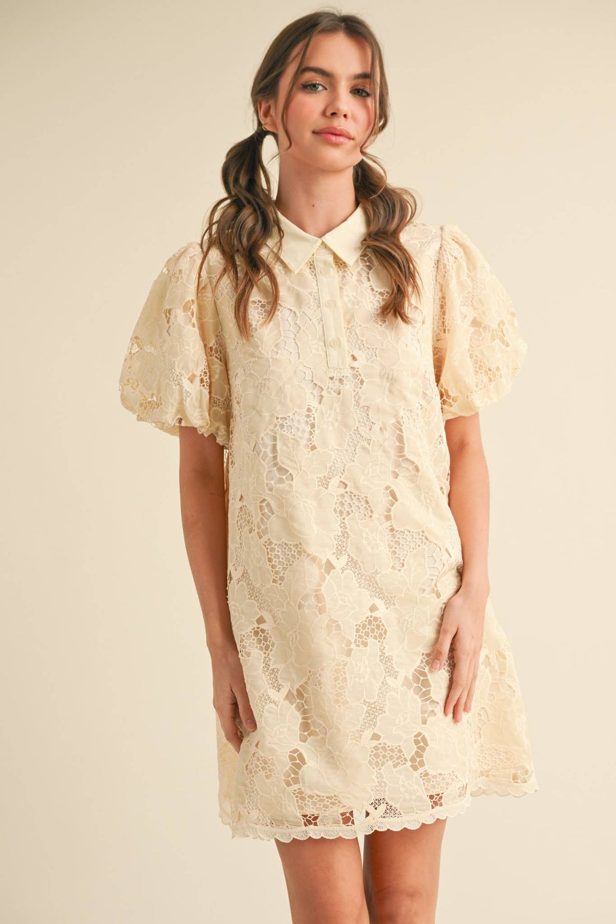 LACE BUBBLE SLEEVE MINI DRESS MDR3740 - LaRella