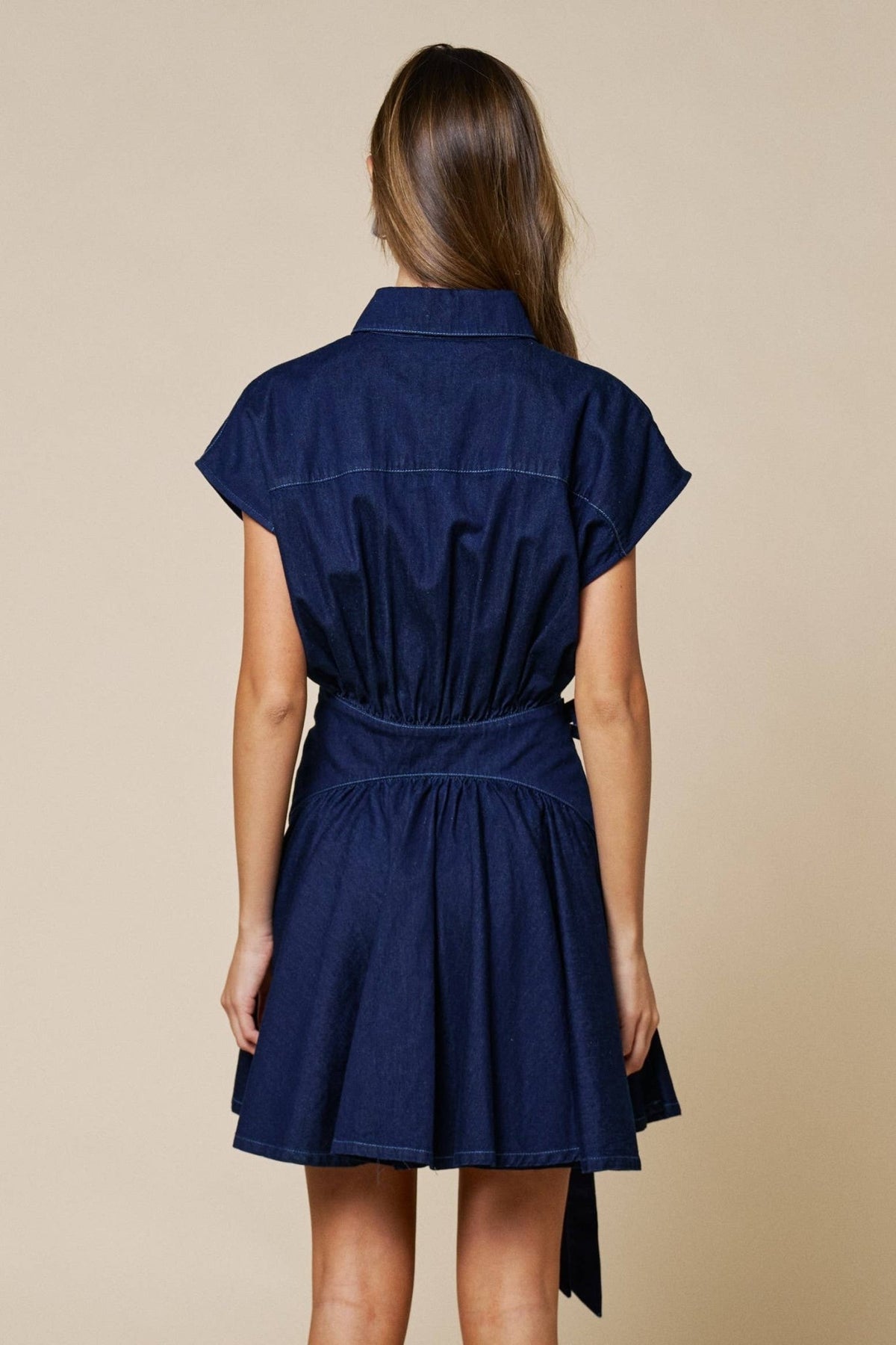 Lalavon - Denim Asymmetrical Button Down Front Tie Mini Dress - La Rella