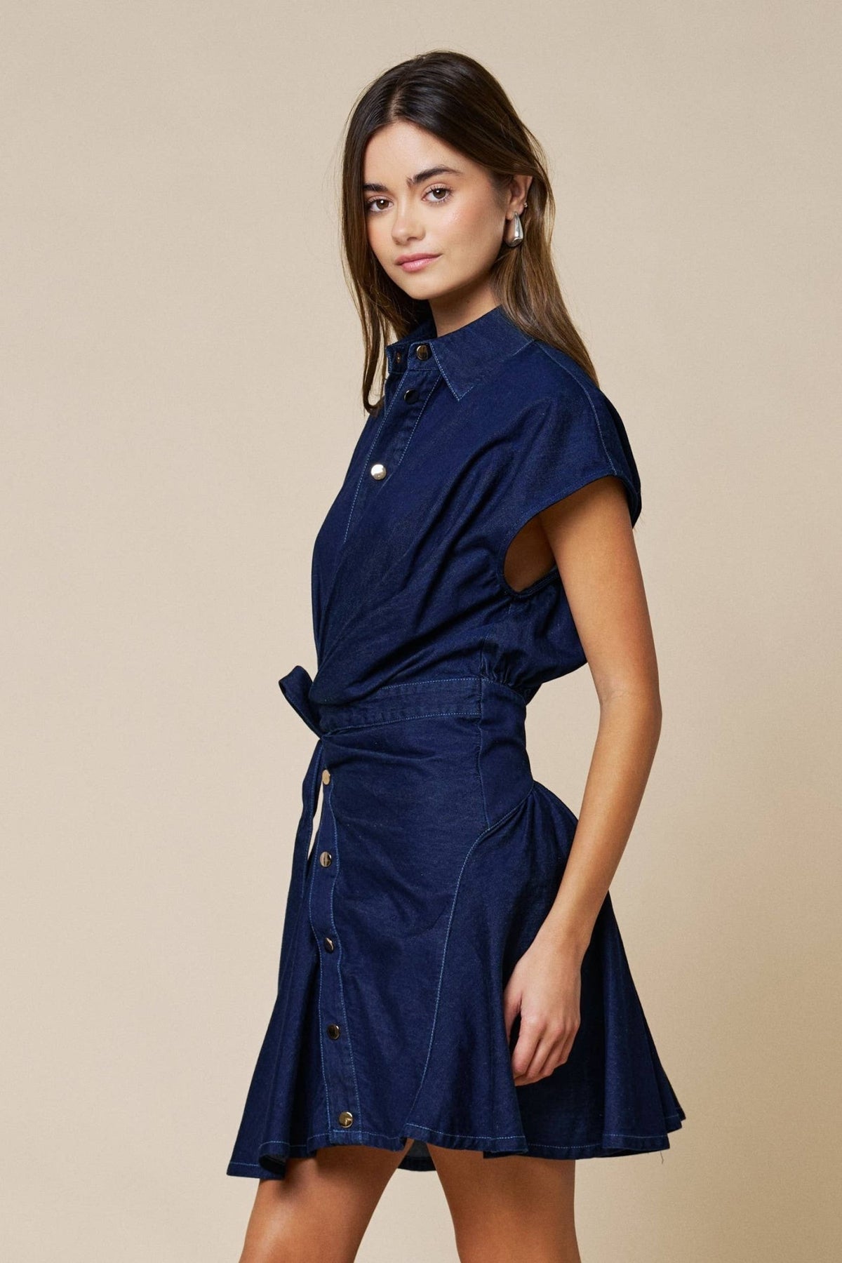 Lalavon - Denim Asymmetrical Button Down Front Tie Mini Dress - La Rella
