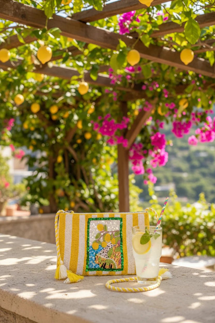 Lemon Beaded Striped Clutch - La Rella