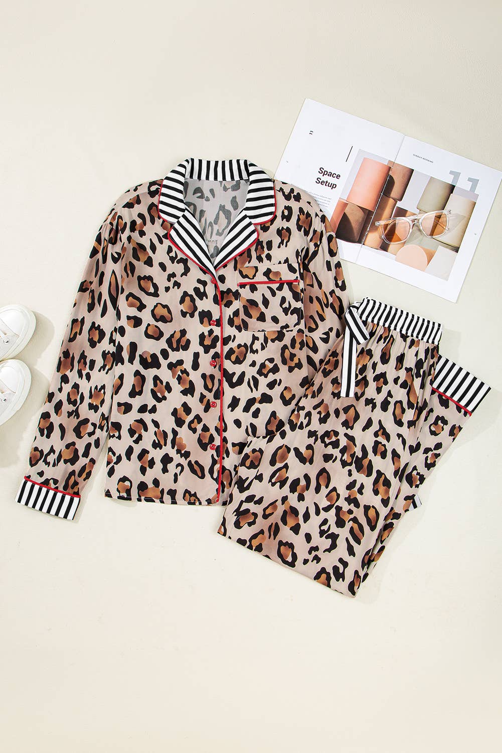 Leopard Print Striped Edge Shirt and Pants christmPajama Set - LaRella