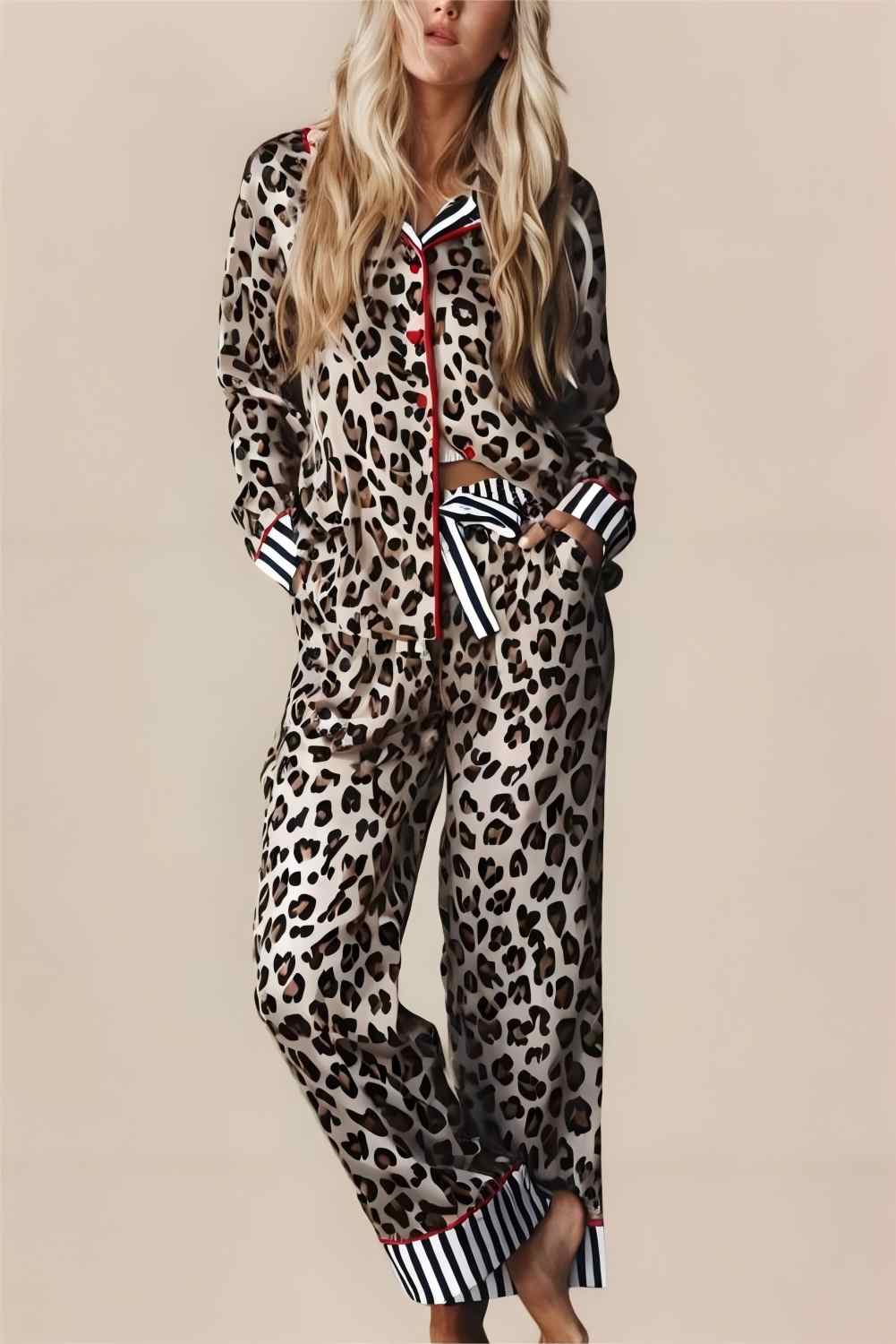 Leopard Print Striped Edge Shirt and Pants christmPajama Set - LaRella