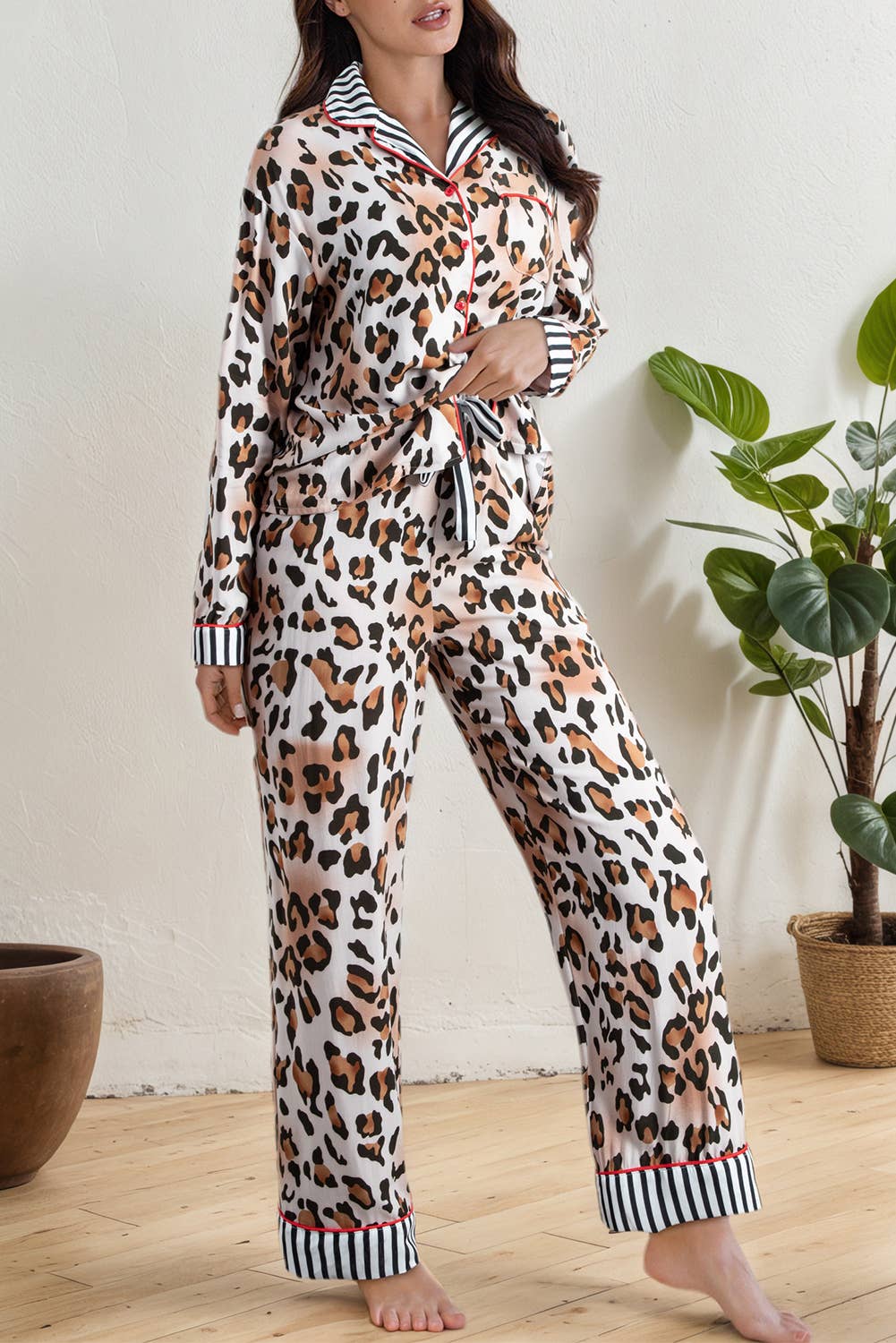 Leopard Print Striped Edge Shirt and Pants christmPajama Set - LaRella