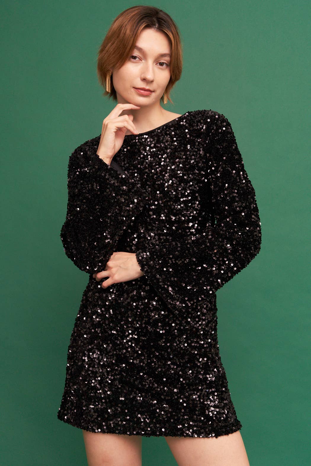 Long Sleeve Sequin Mini Dress with Back Tie Bow - LaRella