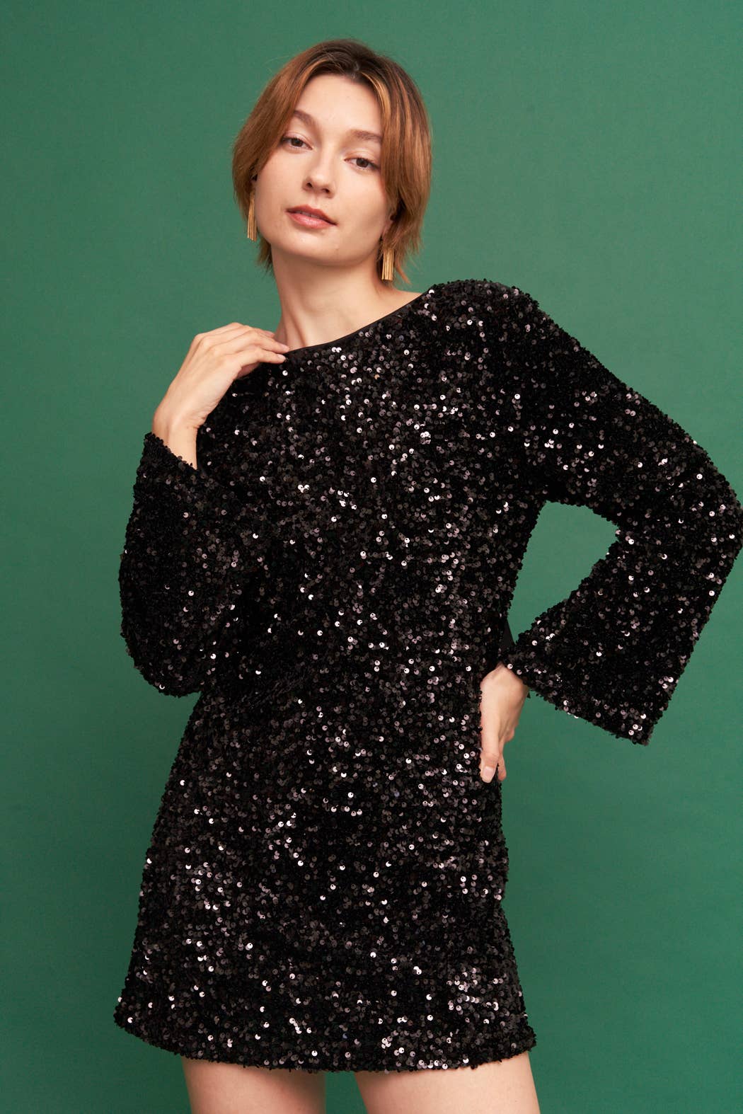 Long Sleeve Sequin Mini Dress with Back Tie Bow - LaRella