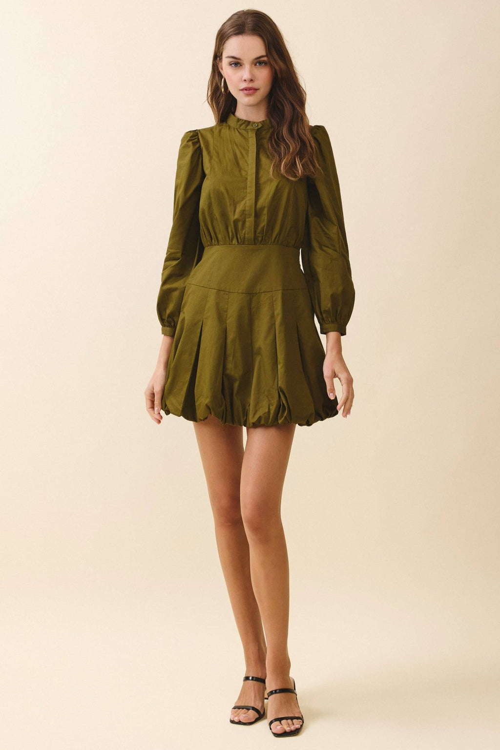 Mandarin Collar Covered Button Placket Mini Dress - LaRella